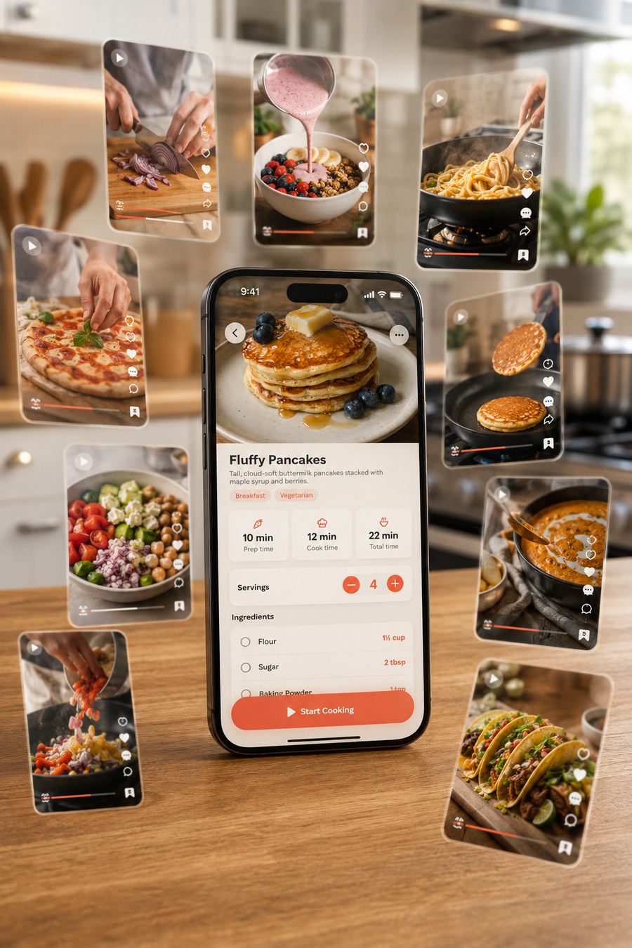 Die Rezeptansicht von Savor, umgeben von Kochvideos aus Social Feeds, die in ein klares, strukturiertes Rezept verwandelt werden