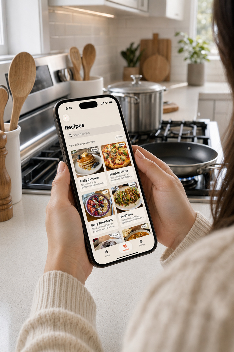 Eine Hand hält ein Smartphone mit der Savor-Rezeptsammlung: ein Raster aus Rezepten mit Fotos und Kochzeiten