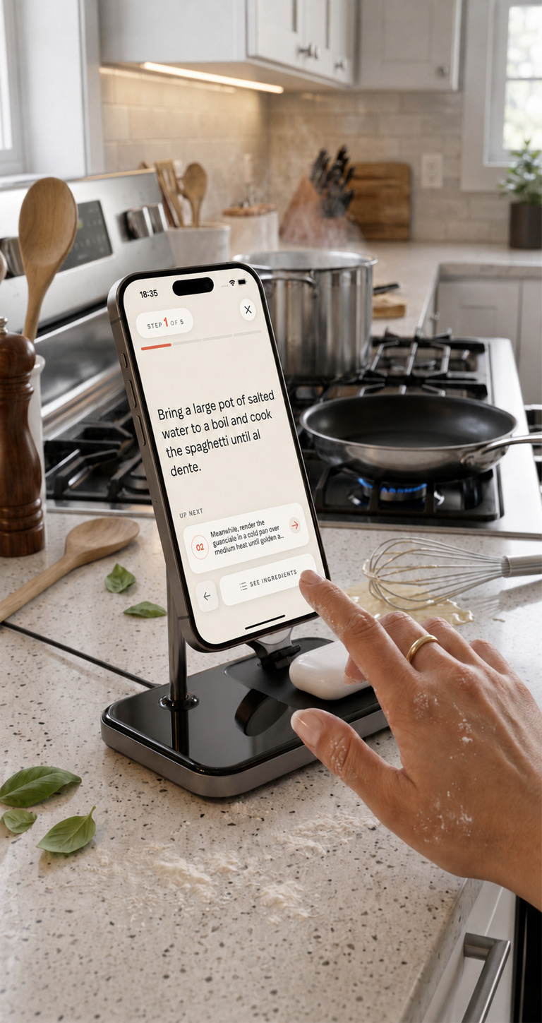 Savor im Kochmodus auf einem Smartphone in der Küche, mit einem einzelnen Rezeptschritt in großer Schrift